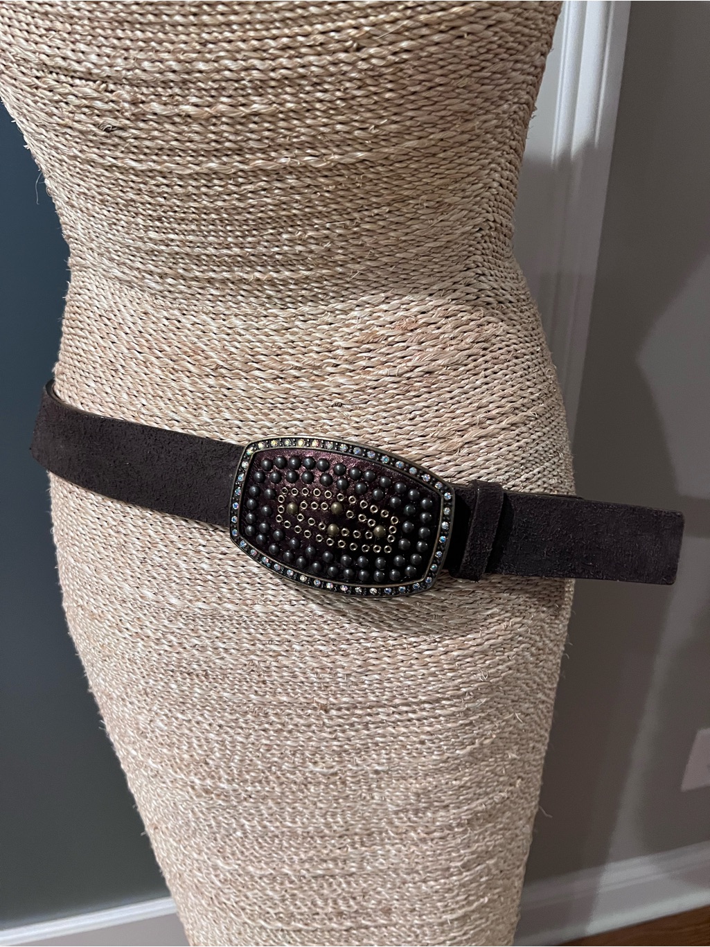Hyde Dark Brown Suede Belt With Crystal And Studded Bronze Buckle